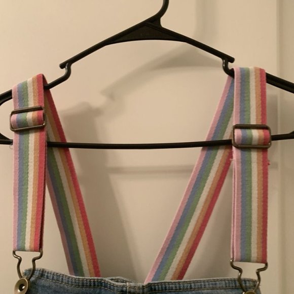 Take Pride Rainbow QUEEN Blue Denim Bib Short Overalls Rainbow Straps Size XXL - Picture 6 of 7